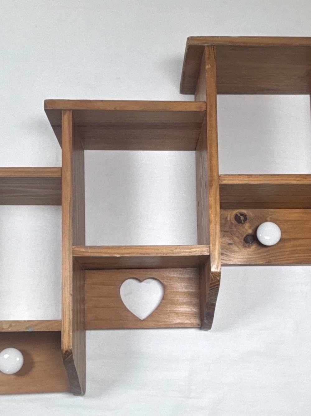 Vintage Country Cottage Solid Wood Wall Shelf w/Heart Cutouts & Porcelain Knobs